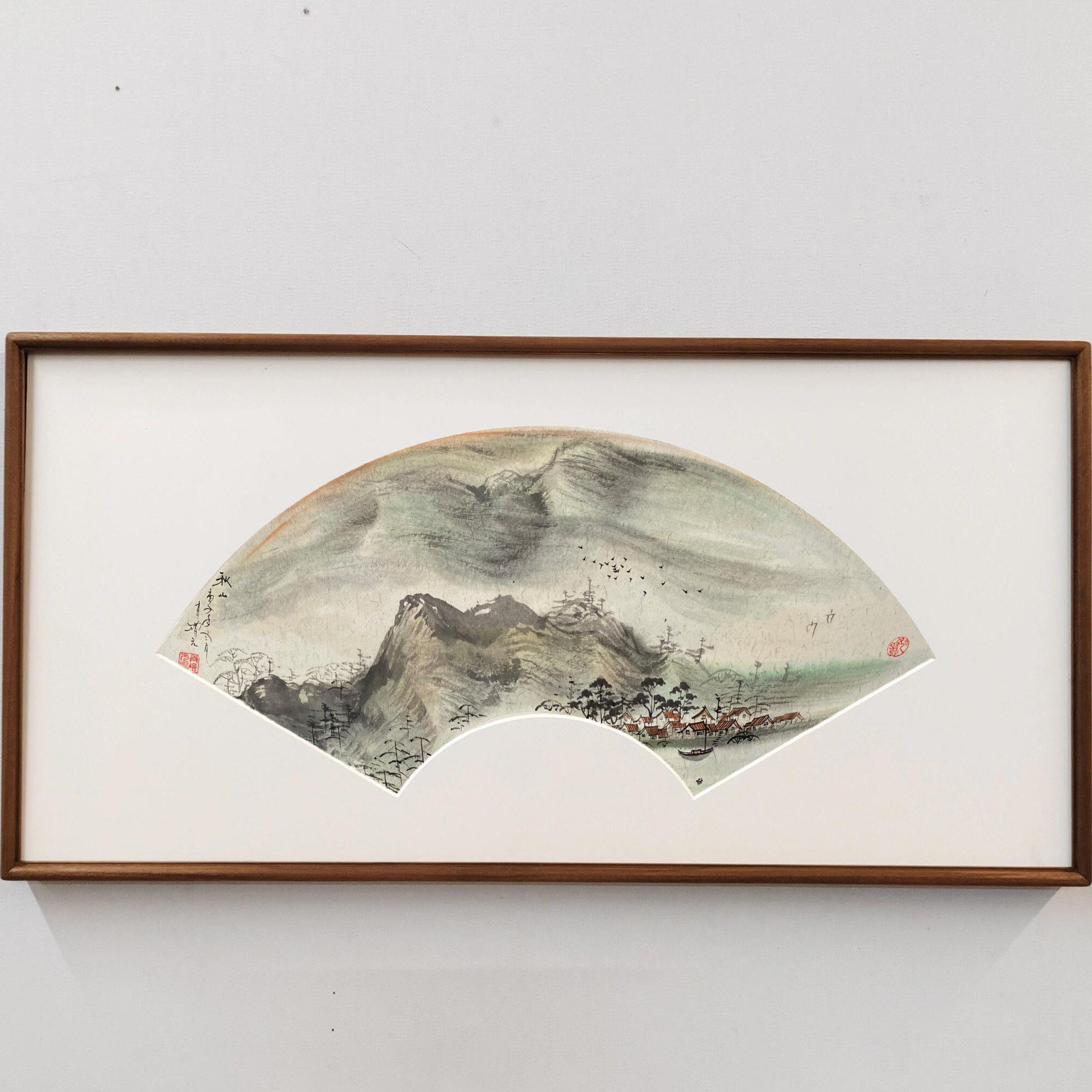 纯手绘山水画扇形客厅装饰画走廊挂画办公室观赏画水墨画实木框挂