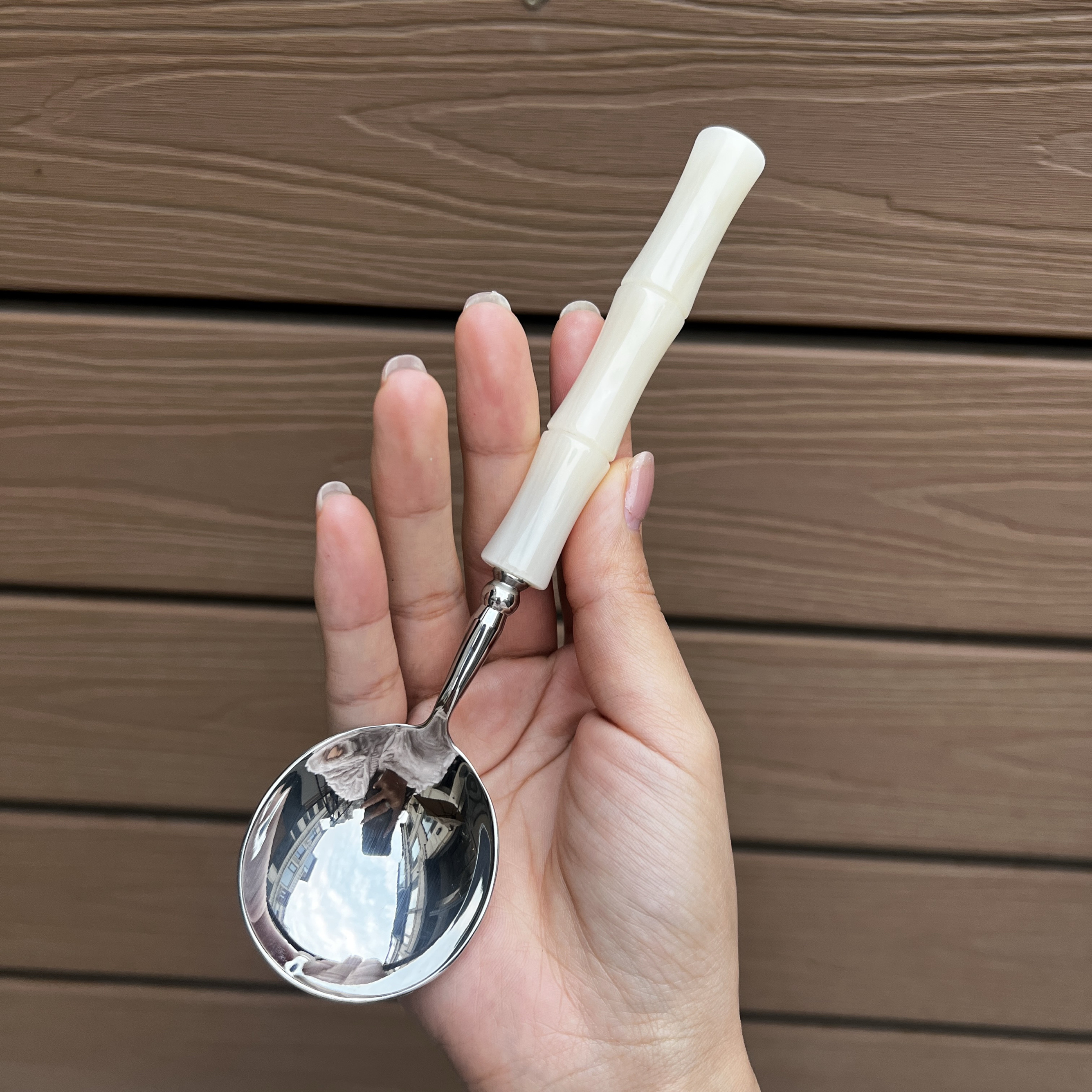 意大利设计师ins轻奢复古珠光竹节柄仿玉304不锈钢圆头更汤勺圆勺