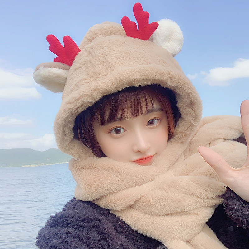 新款秋冬保暖帽围巾女学生细绒
