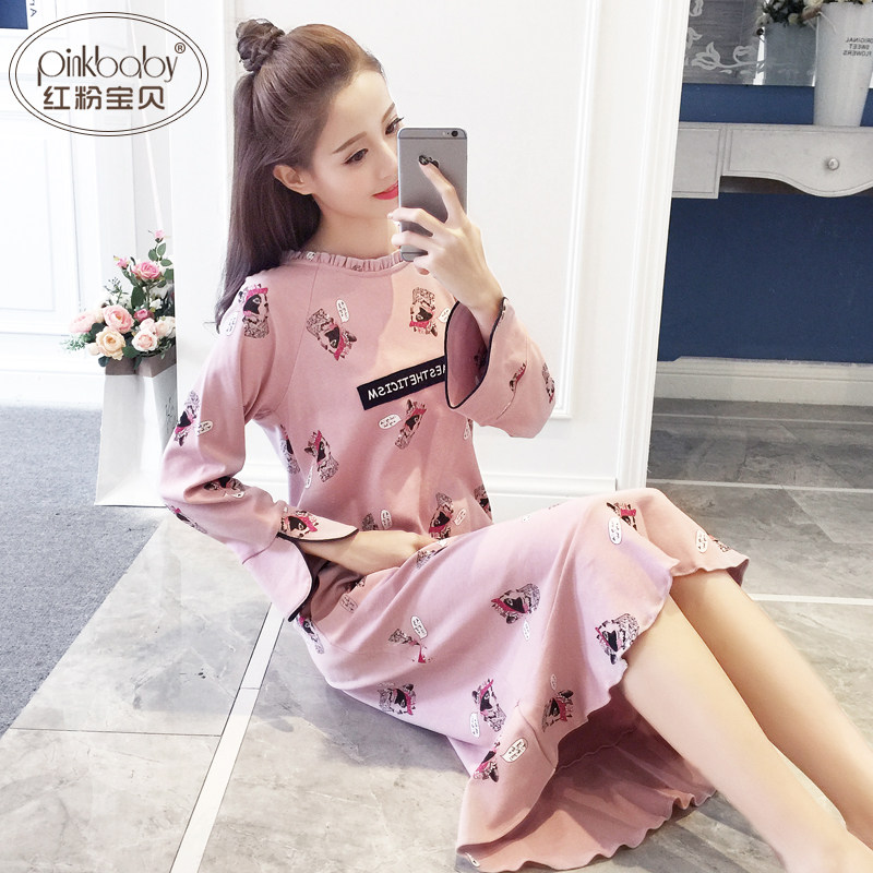 纯棉睡衣女秋季可爱卡通长袖睡裙女士全棉宽松韩版休闲春秋家居服