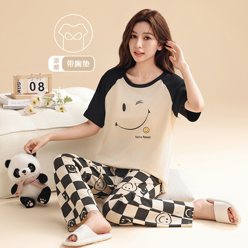 带胸垫睡衣女款春夏季纯棉薄款2024新款短袖长裤家可外穿居服套装