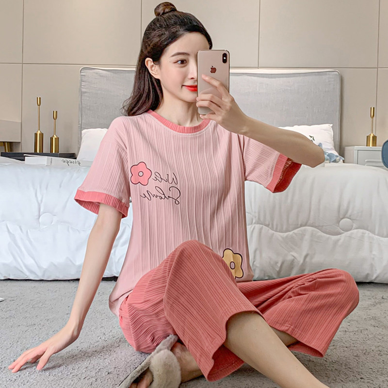 睡衣女款夏季纯棉短袖七分裤套头2024年新款女士夏天家居服套装