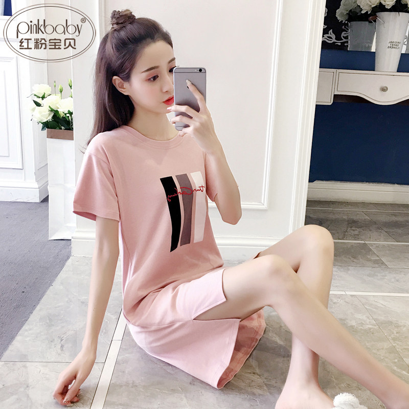睡衣少女夏季薄纯棉短袖睡裙夏天可爱学生简约外穿大码全棉家居服