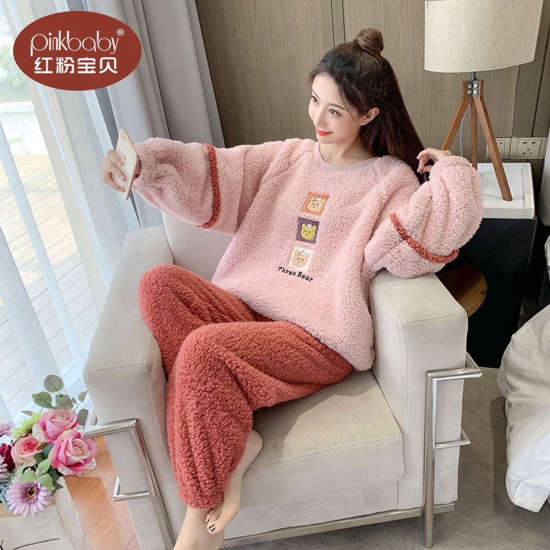 冬季珊瑚绒睡衣女秋冬可爱加厚法兰绒加绒卡通甜美外穿家居服套装