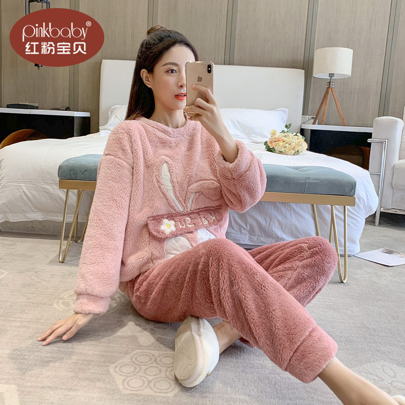 珊瑚绒睡衣女冬季加厚法兰绒卡通可爱学生秋冬外穿保暖家居服套装