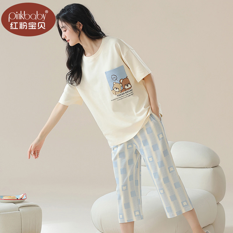 睡衣女款夏天纯棉可爱少女2025年款短袖七分裤套装薄款圆领家居服