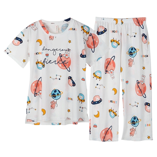 纯棉睡衣女款夏季短袖七分裤卡通可爱外穿全棉夏天薄款家居服套装
