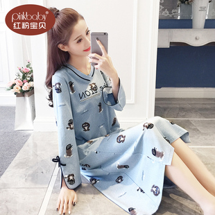 秋季睡衣女款春秋款纯棉大码睡裙秋冬可爱宽松长袖长款全棉家居服