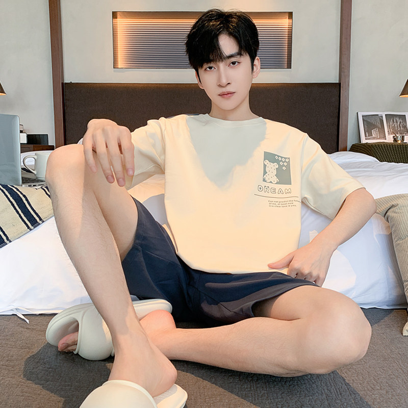 男士睡衣夏季纯棉薄款短袖短裤套装休闲外穿凉感青少年休闲家居服
