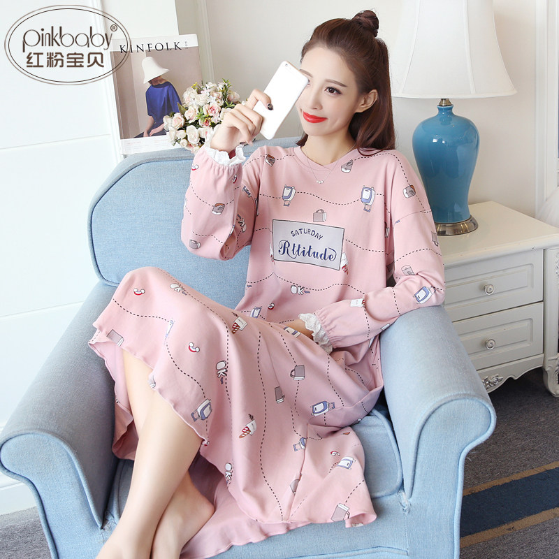 睡裙女春秋可爱纯棉长袖卡通甜美睡衣女秋韩版全棉大码家居服宽松