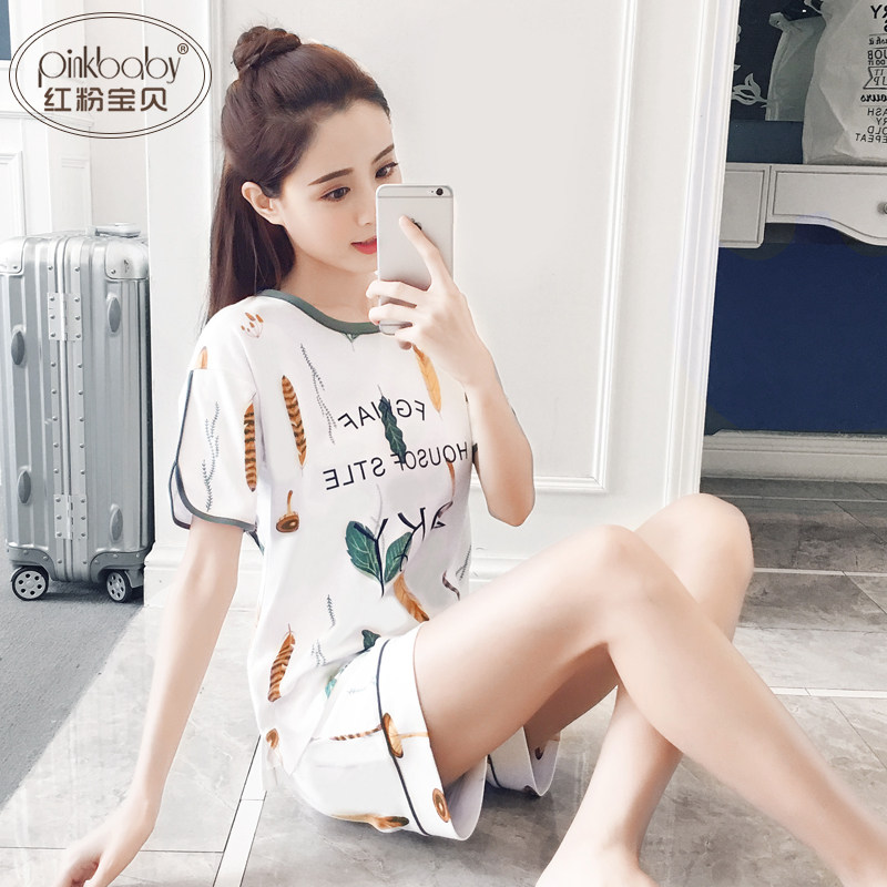 夏天短裤短袖纯棉女士睡衣女夏季全棉薄款清新大码宽松家居服套装