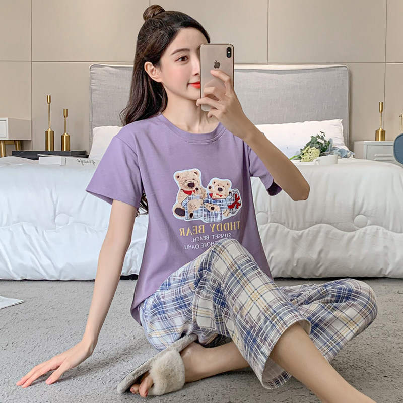 纯棉睡衣女夏季2024新款夏天短袖七分裤可爱中学生女士家居服套装