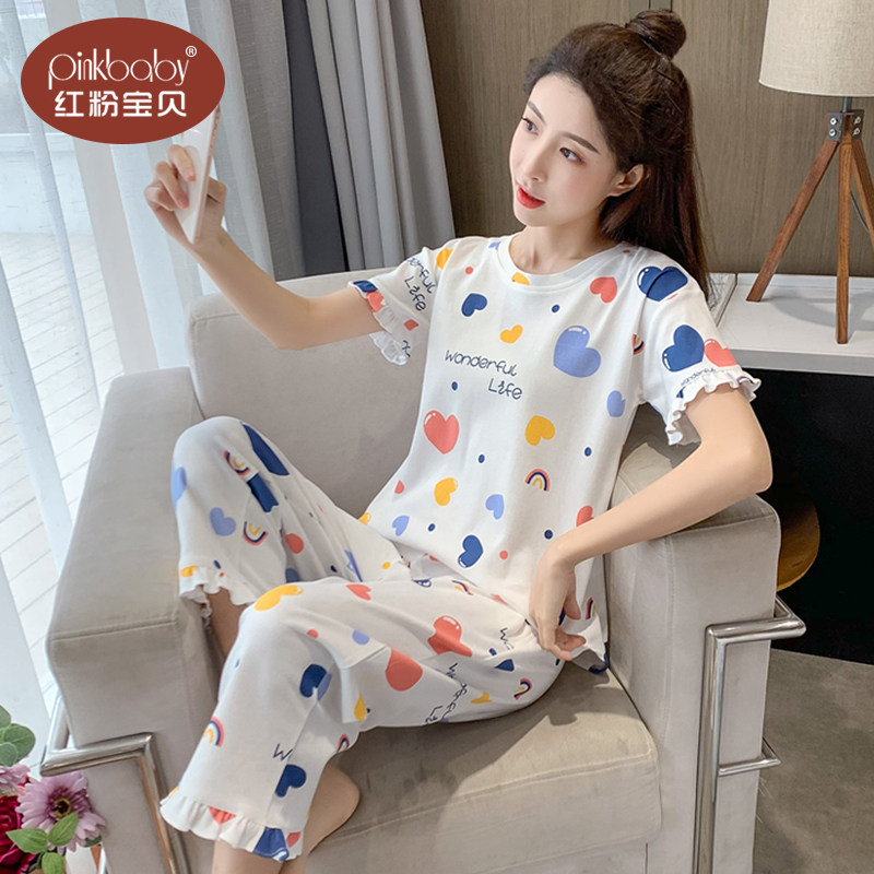 睡衣女款夏季纯棉薄款短袖七分裤家居服夏款2026新款女士全棉套装