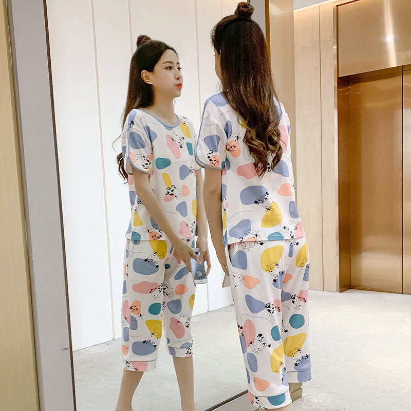 纯棉睡衣女夏季2024新款夏天短袖七分裤可爱中学生女士家居服套装