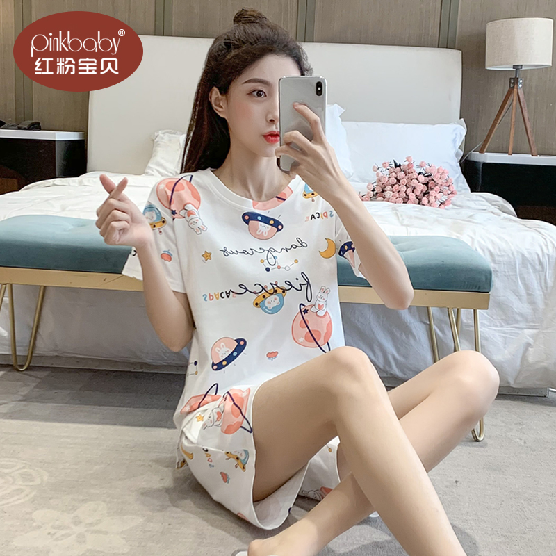 睡衣女款夏季纯棉甜美可爱短袖短裤两件套装学生薄款家居服可外穿