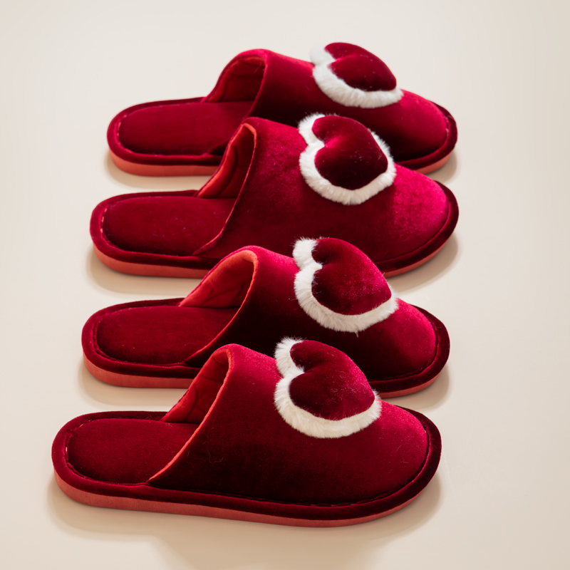 情侣居家棉拖鞋秋冬时尚爱心拖鞋结婚拖鞋喜庆新婚陪嫁拖鞋地板鞋