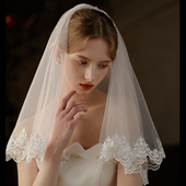 新娘软纱领证旅拍短两层缝属发梳花边面纱中长头纱S34