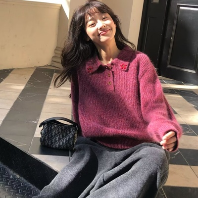 韩系高品质2025新款慵懒风宽松套头毛衣女长袖小花翻领软糯百搭