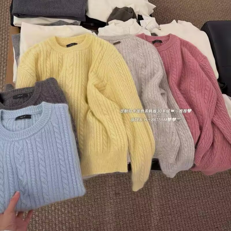 TEA.H高品质2025新款韩系重工圆领麻花针织冬季长袖纯色毛衣女