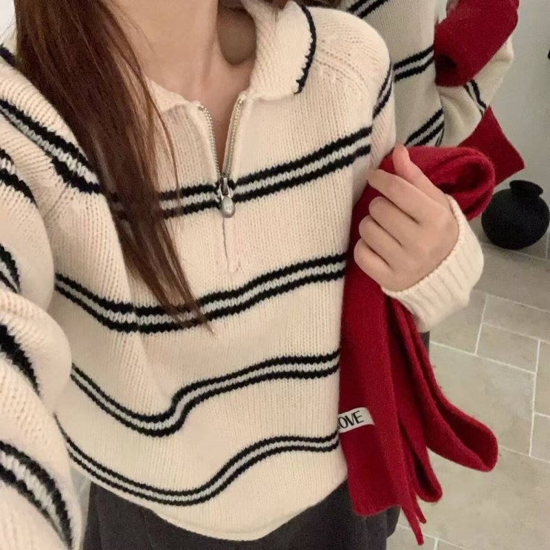 高品质2025新款慵懒条纹半拉链翻领针织毛衣女宽松软糯针织毛衣,女装/女士精品,毛衣,淘宝优惠券,粉丝福利购,淘宝优惠卷