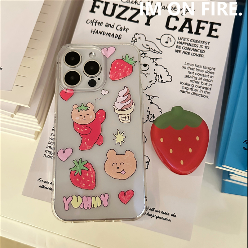 原创韩国ins卡通可爱蜡笔画红色草莓熊冰淇淋iPhone12pro13promax14plus15适用苹果16pro透明手机壳