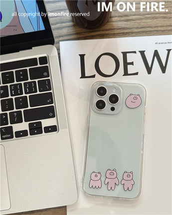 自制韩国ins趣味卡通可爱小众新款猪猪iPhone14plus15pro13promax12xs11透明手机壳全包防摔软壳16pro17