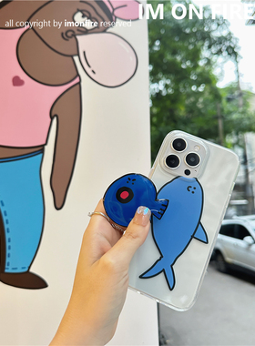 自制韩国ins小众涂鸦卡通可爱蓝色鲨鱼气囊支架iPhone15promax14plus13pro12透明可挂绳手机壳全包软壳16pro