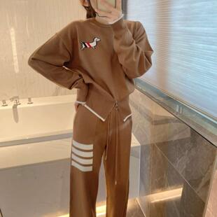2022秋冬新款针织四条杠阔腿长裤套装女毛衣运动休闲气质两件套