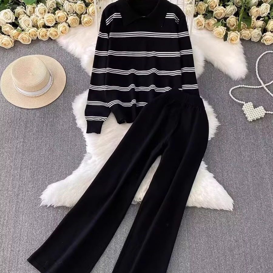 韩版时尚条纹气质POLO领长袖针织衫女秋冬季高腰显瘦阔腿裤两件套,女装/女士精品,时尚套装,淘宝优惠券,粉丝福利购,淘宝优惠卷