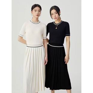 小香风高端气质薄款针织衫短袖上衣高腰中长款百褶半身裙两件套装