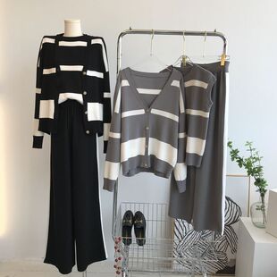 欧洲站阔腿裤运动针织套装女春秋时尚宽松休闲服洋气减龄三件套潮