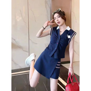学院风时尚针织套装裙夏季新设计感V领皱褶背心上衣+半身裙两件套