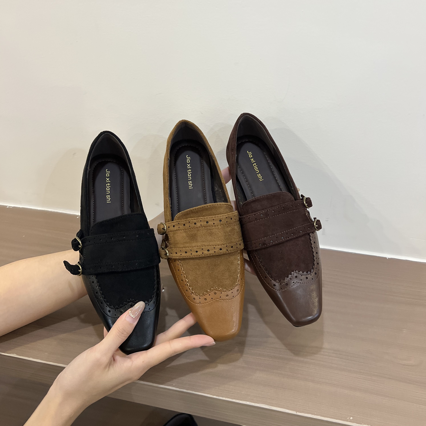 新款低跟时跟单鞋女时装鞋皮带扣气质青年潮方头深口鞋百搭