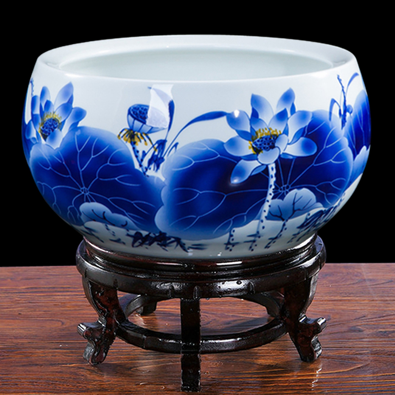 景德镇陶瓷器手绘青花瓷鱼缸聚宝盆水浅乌龟缸荷花盆客厅装饰摆件
