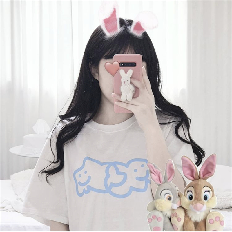 Super sweet girl style smile face Cloud Print White T-Shirt Top short sleeve Korean summer