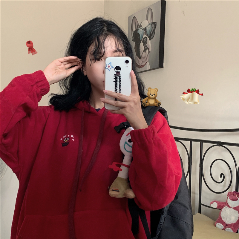 Real photo ~ cartoon funny lovely girl embroidery fleece warm hood loose Sweater Hoodie autumn and winter
