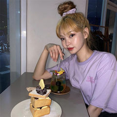 Girls' soft heart little letter konjac purple T-shirt loose top Korean Summer Academy