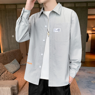 款 男春秋季 工装 衬衣潮流夏季 外套 长袖 港风日系上衣休闲寸衫 灰衬衫