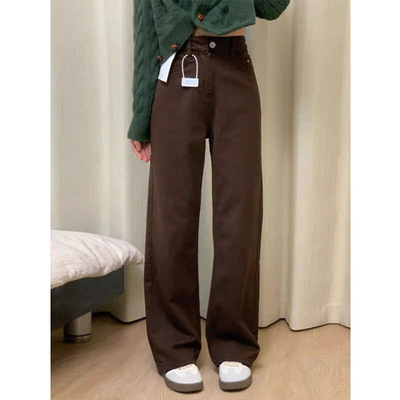 2026新款美式复古咖色直筒牛仔裤女高腰宽松显瘦垂感阔腿拖地裤