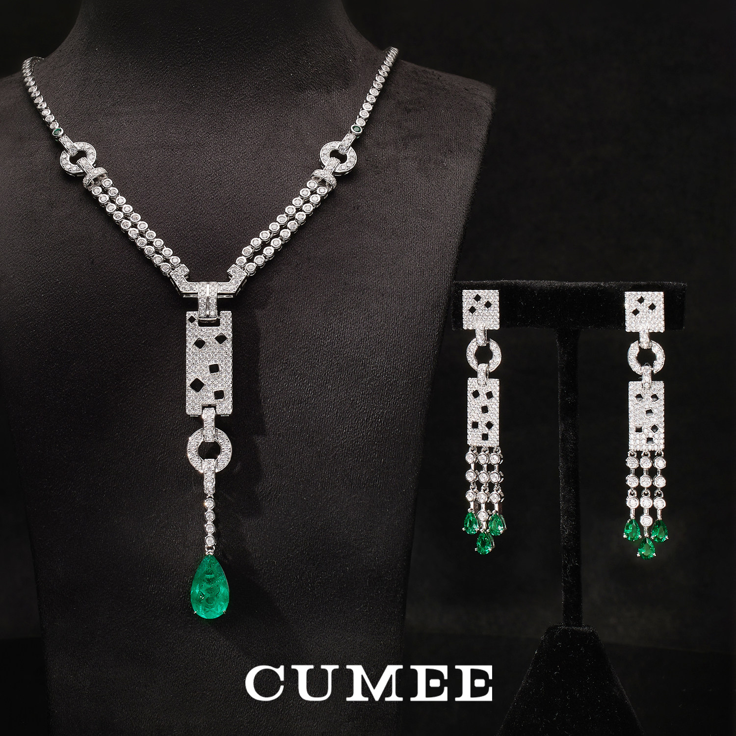 CUMEE 欧式高奢套装 时尚人工仿真祖母绿色耳坠项链.银镀金