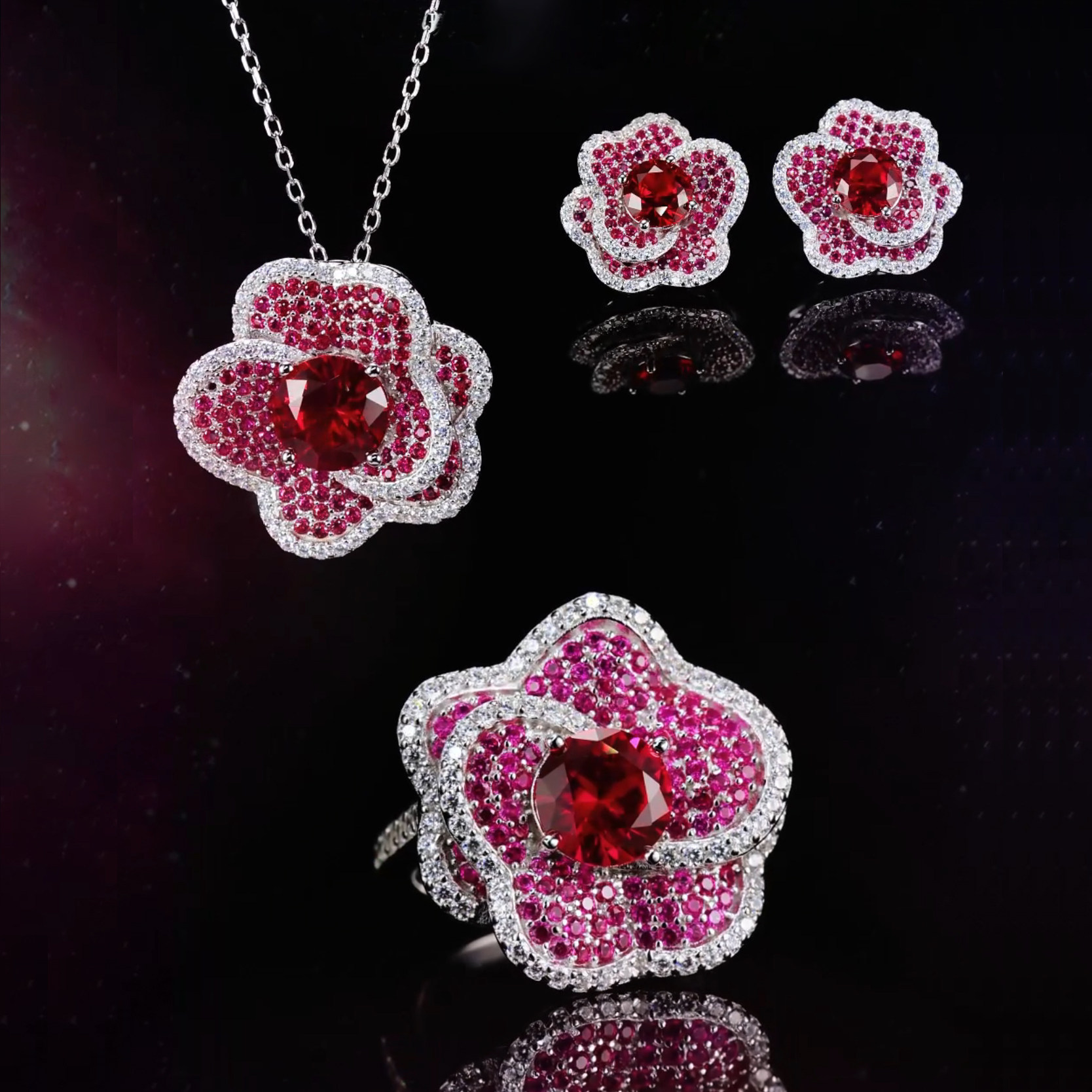 山茶花系列设计款培育合成红宝石耳钉吊坠套装.银镀金