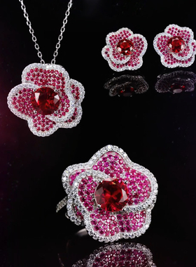 山茶花系列设计款培育合成红宝石耳钉吊坠套装.银镀金