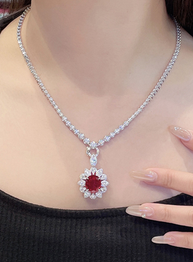 鸽血红培育合成红宝石项链银镀金