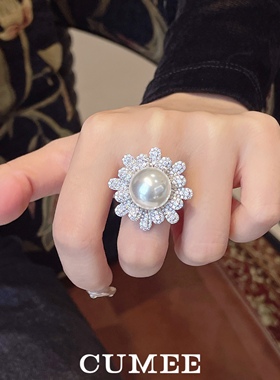 花瓣14mm白光澳白贝珠银镀金戒