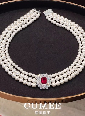 cuMee晚宴红宝石贝珠镀金项链