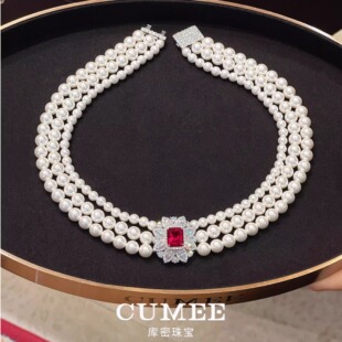 CUMEE 晚宴贵气欧美时尚珠链 培育合成红宝石配贝珠项链.银镀金