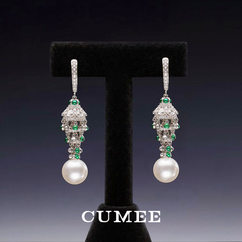 CUMEE 新中式 复古宫廷设计 个性款12mm人工澳白贝珠耳坠.银镀金