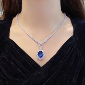 经典 高级贵气款 13卡大克拉椭圆培育合成蓝宝石吊坠项链.银镀金