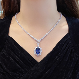 经典高级贵气款  13卡大克拉椭圆培育合成蓝宝石吊坠项链.银镀金