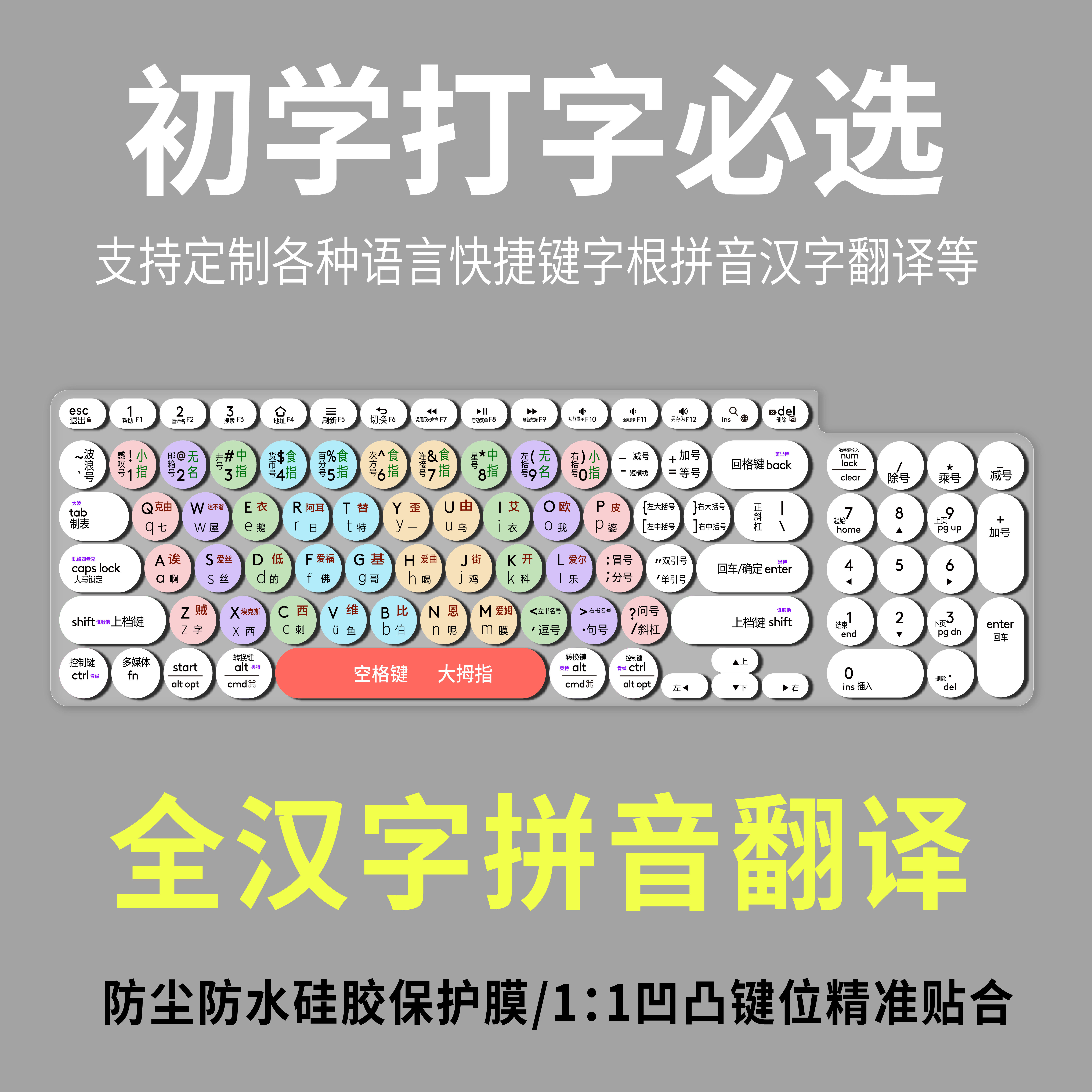 适用罗技K780圆键盘保护防尘膜台式初学打字练习训练指法中文翻译